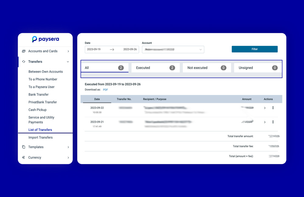 Check Paysera transfer status using web browser.