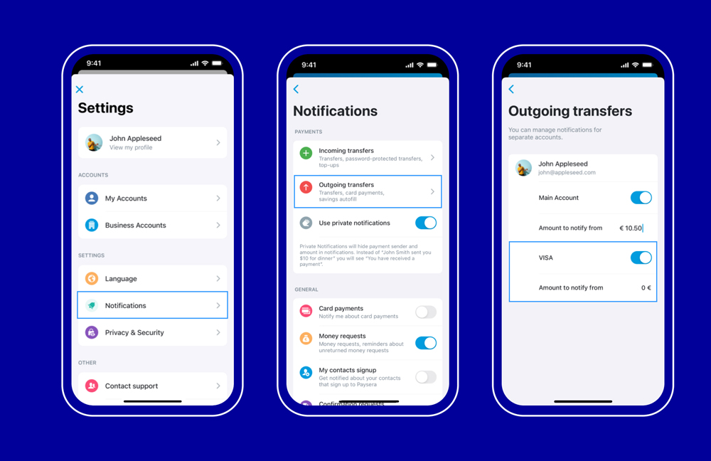 How to set up notifications for Visa card transactions with the Paysera app?