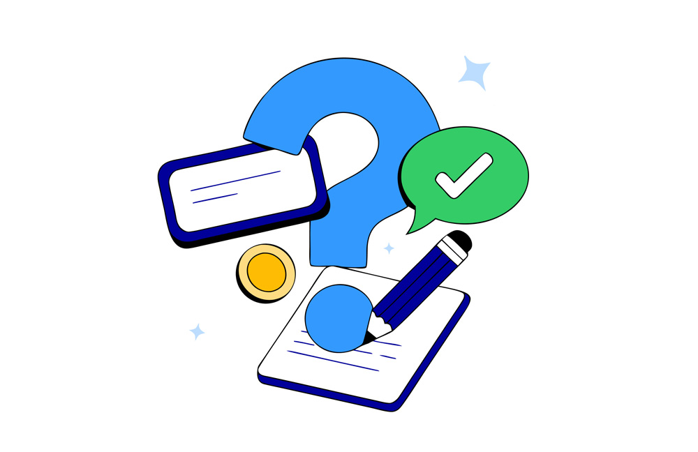 Iliustracija su klaustuku, pokalbio langais, pieštuku ir dokumentu – dažniausiai užduodami klausimai apie kasos aparatą.