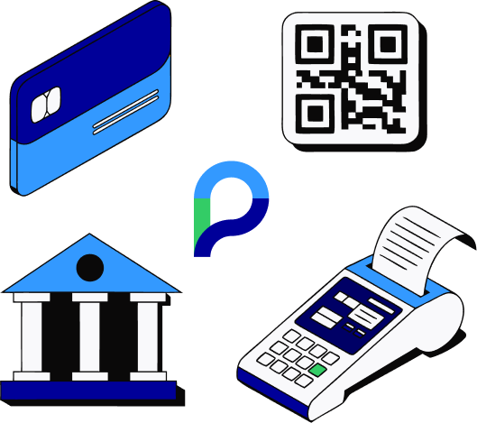 Paysera logotips, ko ieskauj maksājumu ikonas: kredītkarte, QR kods, bankas ēka un maksājumu terminālis.